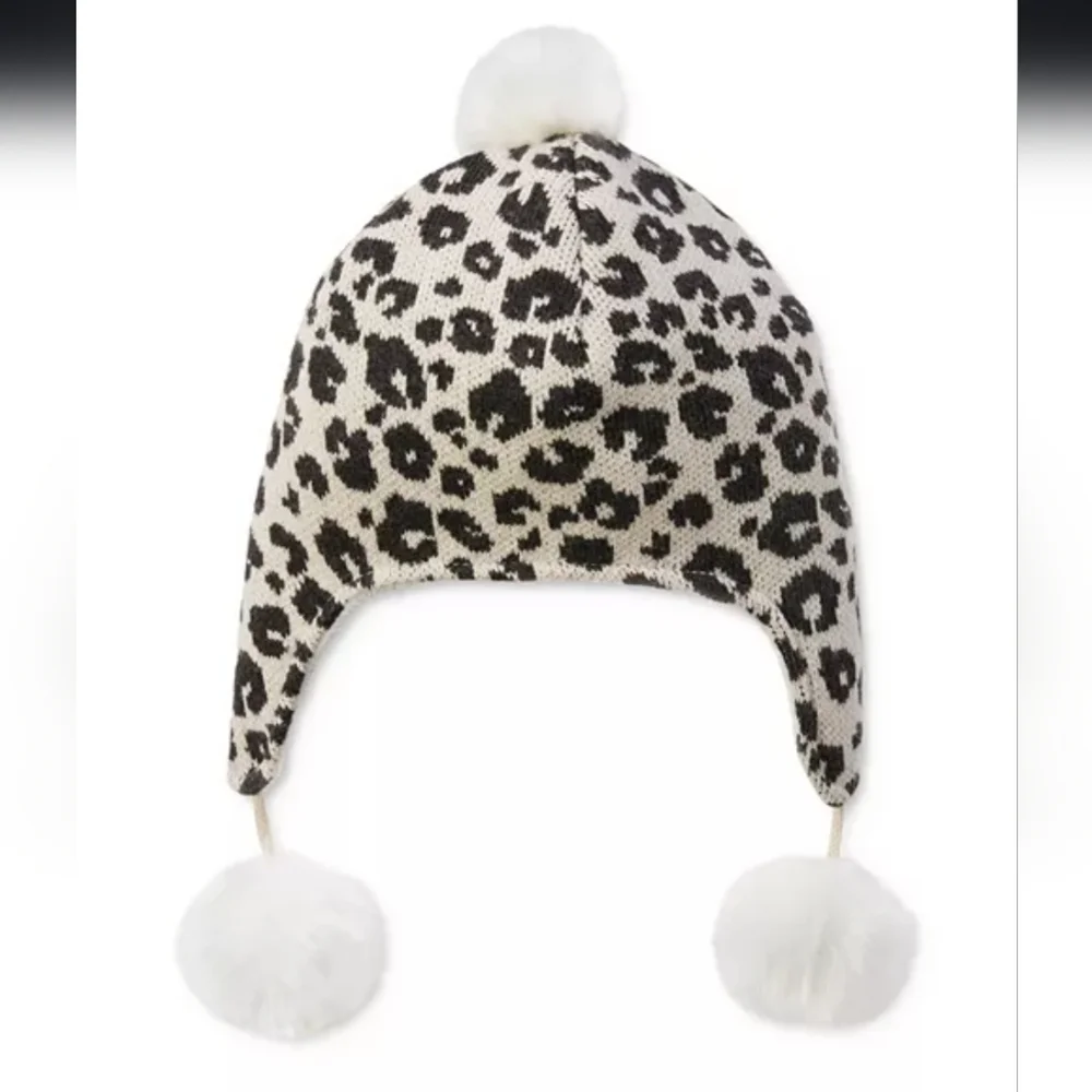 Leopard Print Kids Winter Hat with Pom Poms